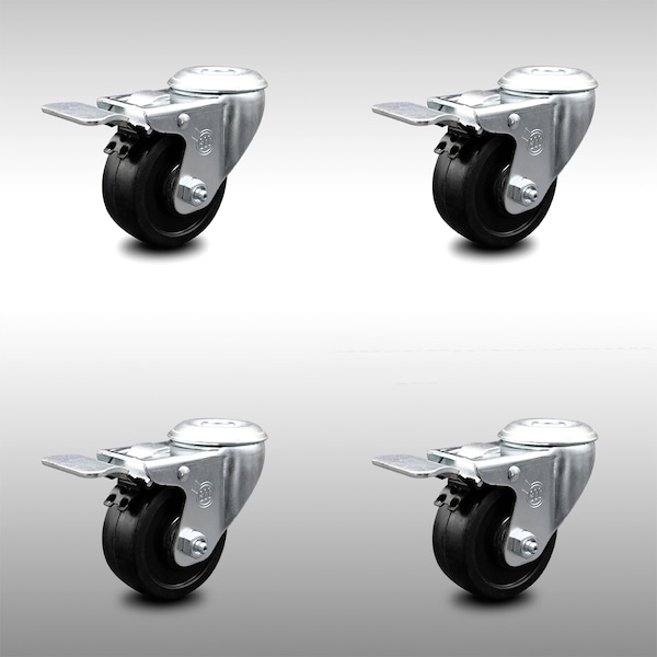 3.5 Inch SS Soft Rubber Swivel Bolt Hole Caster Set with Total Lock Brake SCC